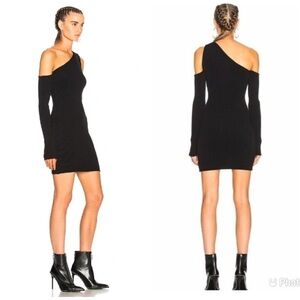 Amiri One Shoulder Cut Out‎ Knit Mini Dress Black Sz 2 Bodycon Rib Long Sleeves